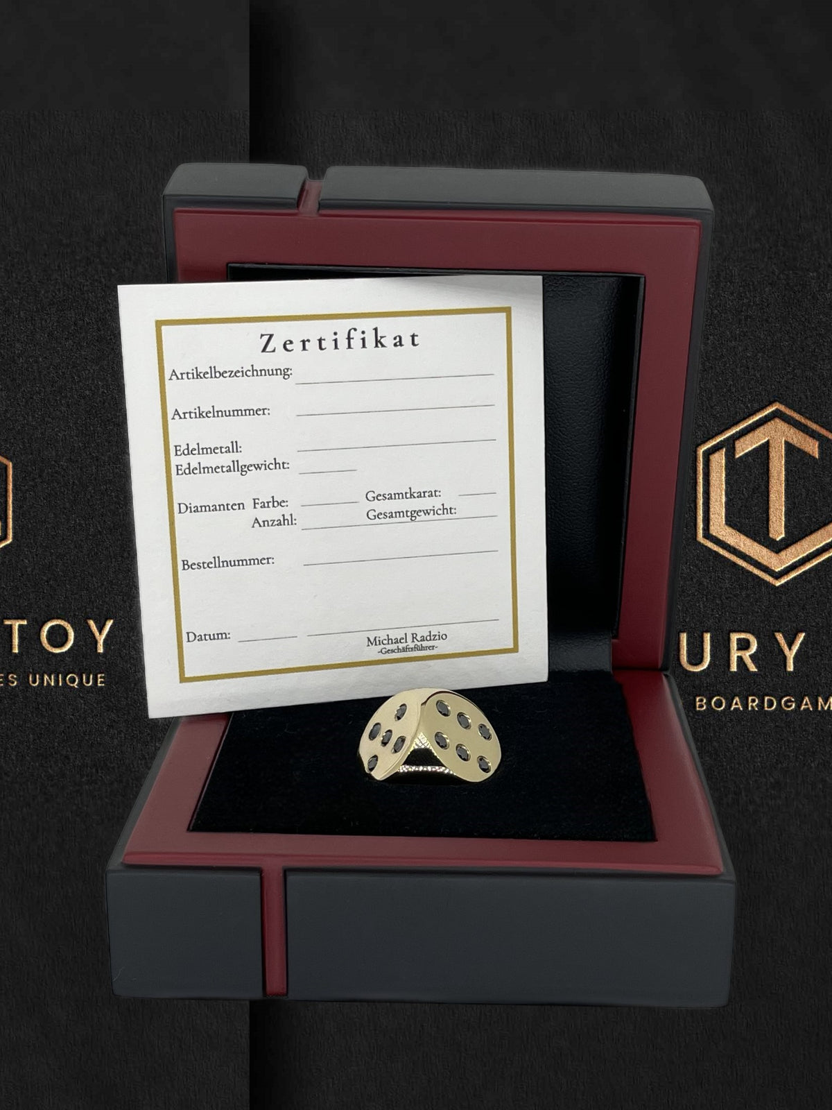 Würfel aus 18 Karat Gold mit 21 schwarzen Diamanten, massiv, 16 mm, 54 g, poliert