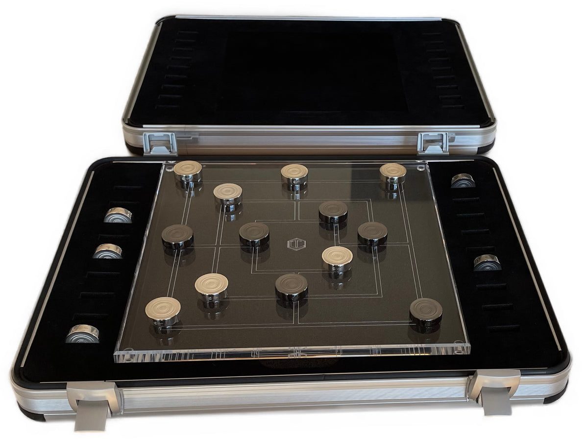 Nine Men's Morris board game with 18 solid 925 sterling silver game pieces, 9 black rhodium-plated, with an acrylic glass board, presented in a first-class case