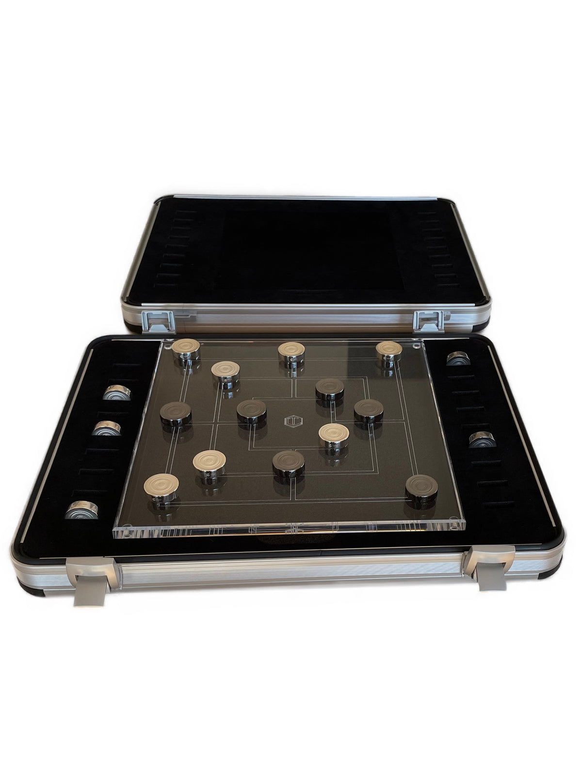 Nine Men's Morris board game with 18 solid 925 sterling silver game pieces, 9 black rhodium-plated, with an acrylic glass board, presented in a first-class case