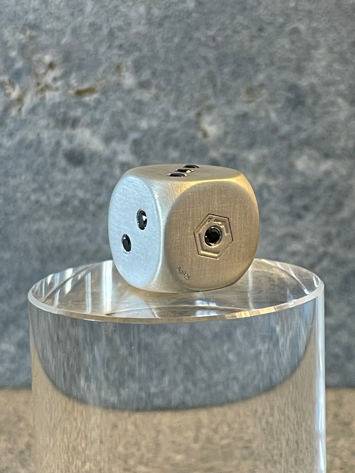 Dice made of 925 sterling silver with 21 black diamonds, solid, 16 mm, 35 g, brushed