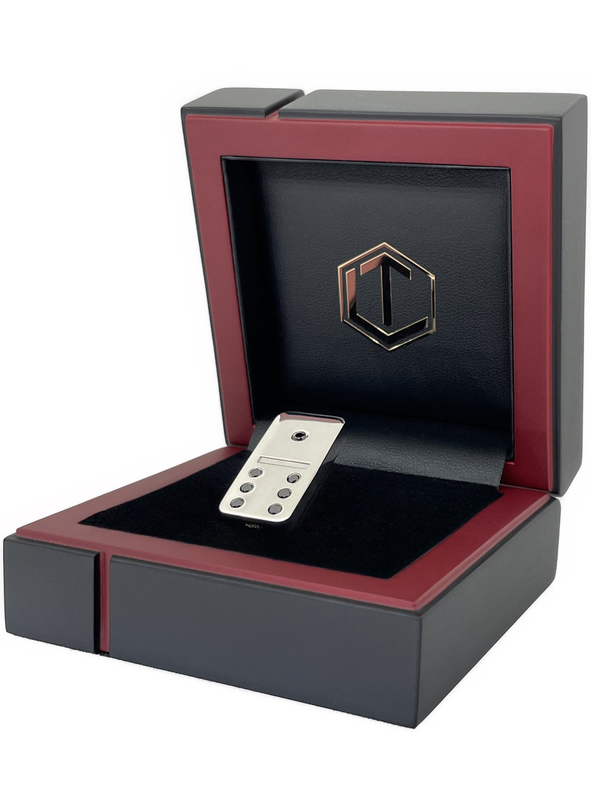 Dominostein aus 925 Sterlingsilber mit 7 schwarzen Diamanten, massiv, Länge 29 mm, 16 g, poliert